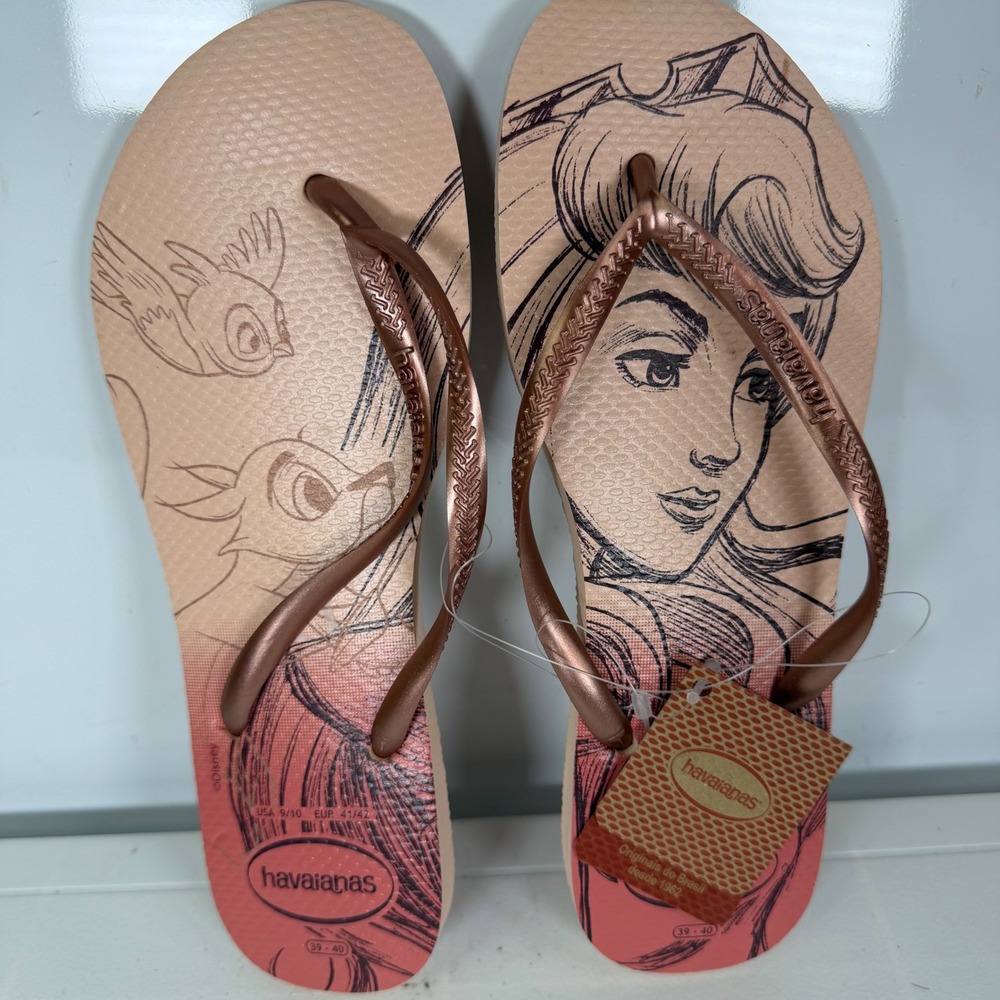Havaianas Disney Princess Aurora Flip Flops Sandals Rose Gold Size 9 10 EU 41/42